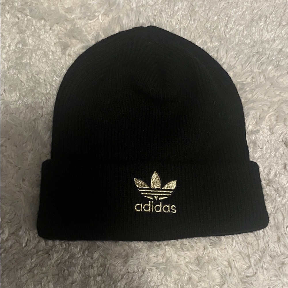 Adidas Black Knit Hat with Gold Emblem